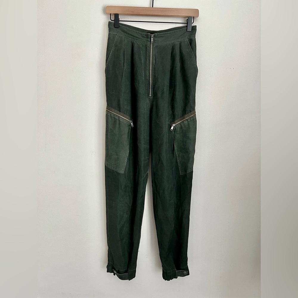 DIESEL Lyocell Silk Cargo Pants Joggers Green front zip snap buttons 24